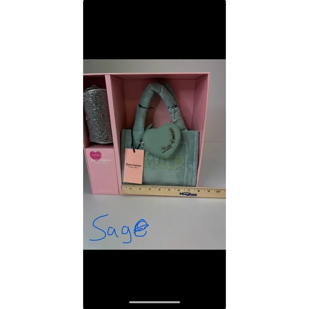 Juicy Couture Big Spender 3 Piece Gift Box Set Sage Green Tote Coin Purse Wristl